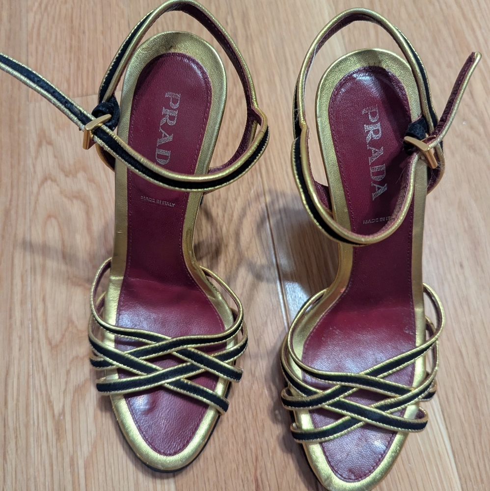 Vintage Prada Gold and Black Strappy Heels